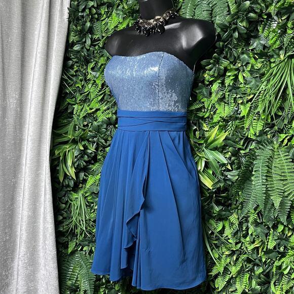 AIDAN MATTOX Dress Women 6 Teal Silver Sequin Strapless Pleated Tiered Mini 2810 - Picture 6 of 8